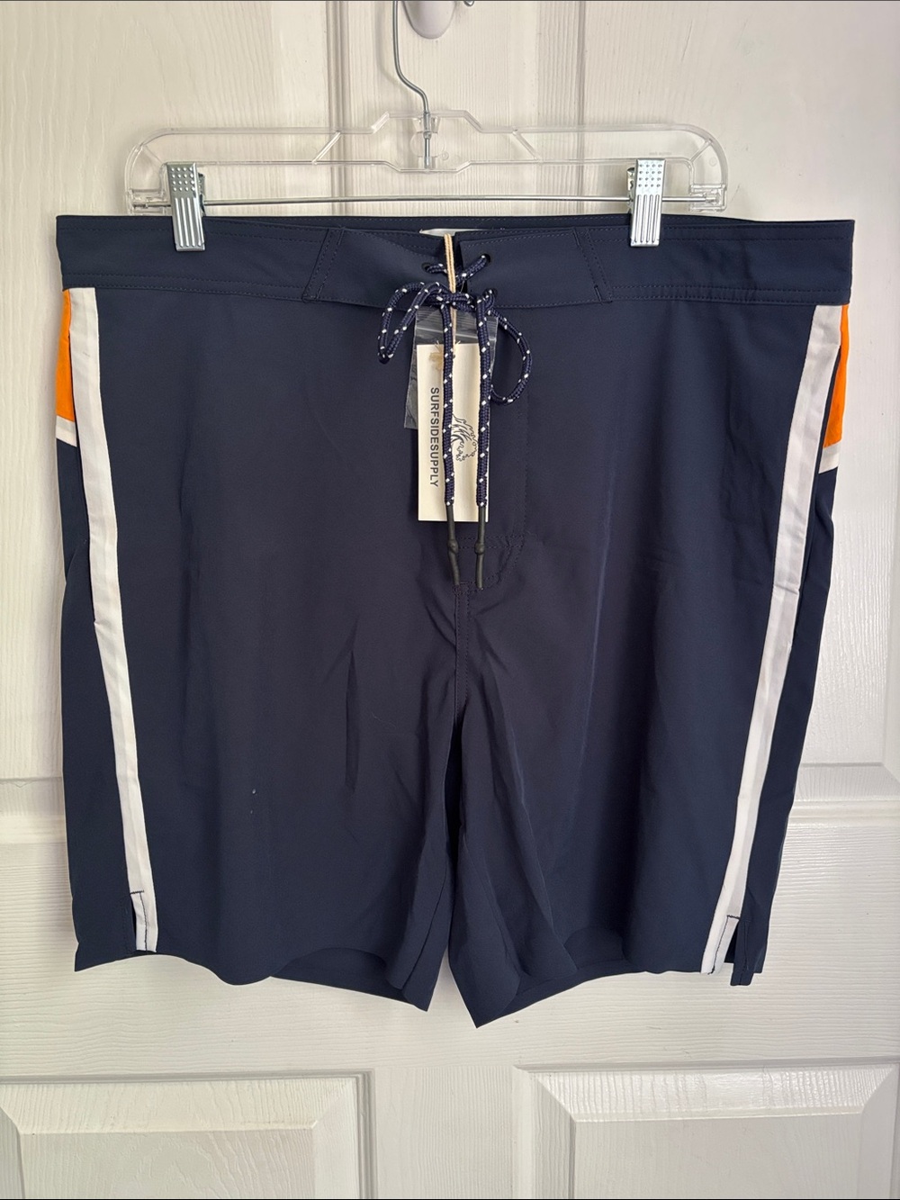 NEW SURFSIDE SUPPLY Navy Swim Trunks with White Stripe and Orange Accent Size XL